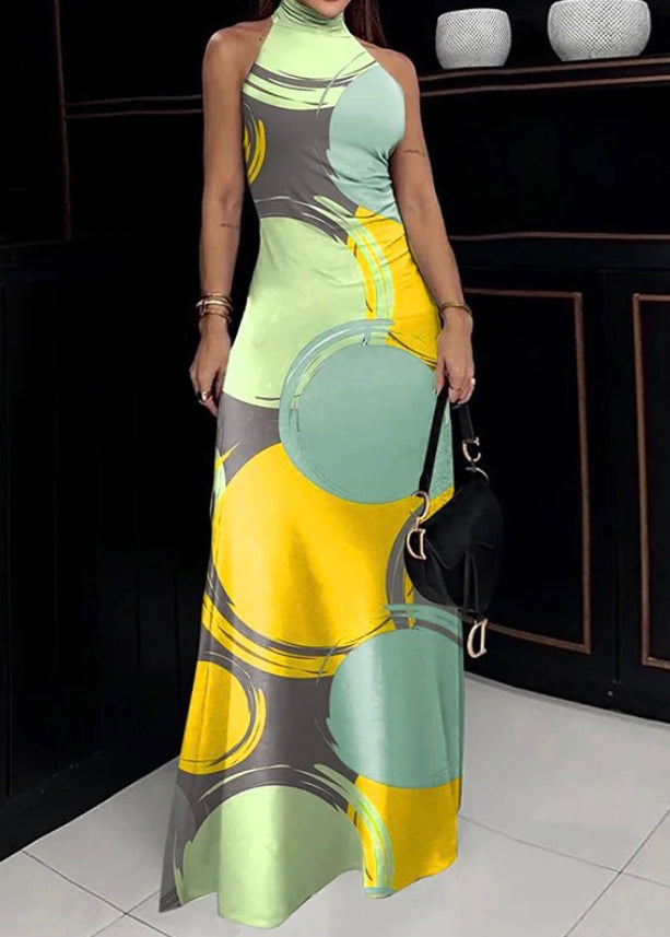 Slim Fit Green Turtleneck Print Cotton Maxi Dress Sleeveless
