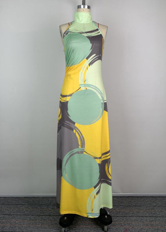 Slim Fit Green Turtleneck Print Cotton Maxi Dress Sleeveless