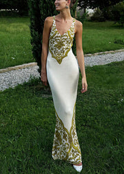 Slim Fit Green V Neck Print Cotton Maxi Dresses Sleeveless