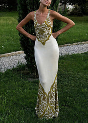 Slim Fit Green V Neck Print Cotton Maxi Dresses Sleeveless