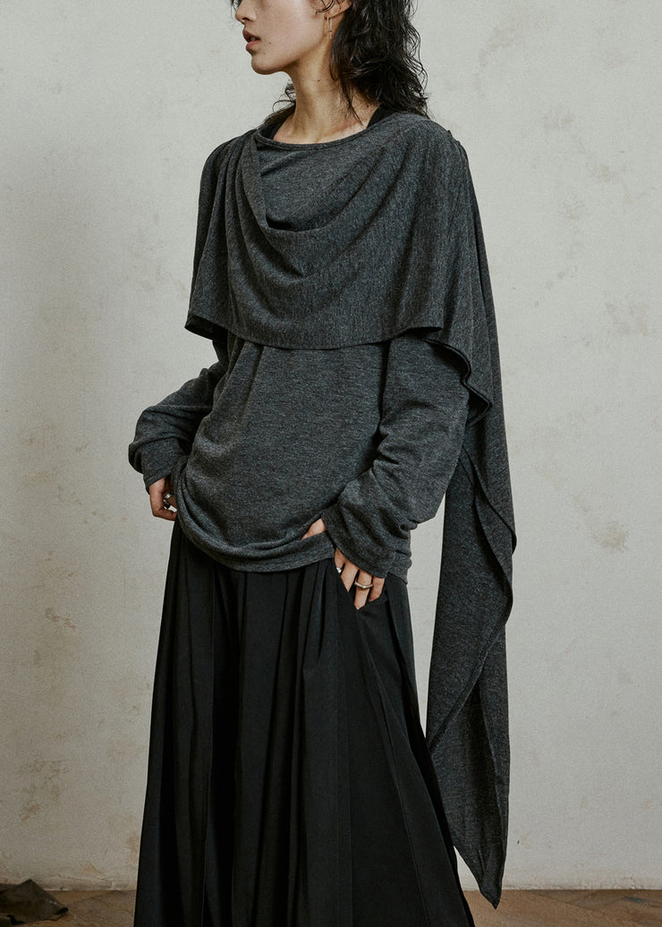 Slim Fit Grey Asymmetrical Solid Cotton T Shirts Fall
