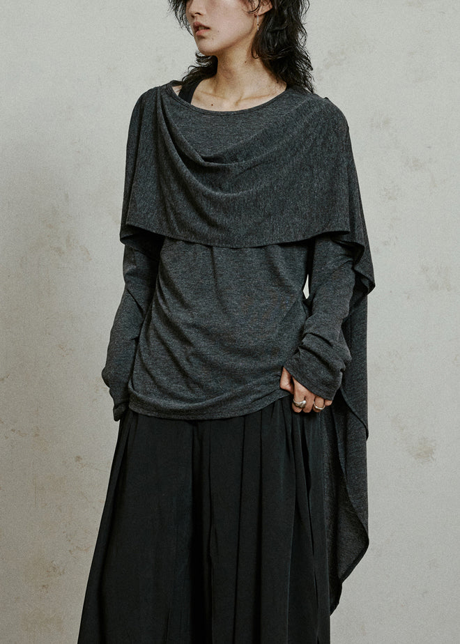 Slim Fit Grey Asymmetrical Solid Cotton T Shirts Fall