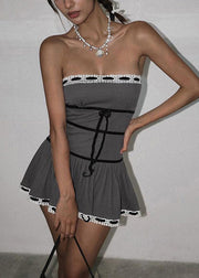 Slim Fit Grey Cold Shoulder Bow Cotton Mini Dress Sleeveless