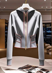 Slim Fit Grey Hooded Zippered Cotton Coat Fall