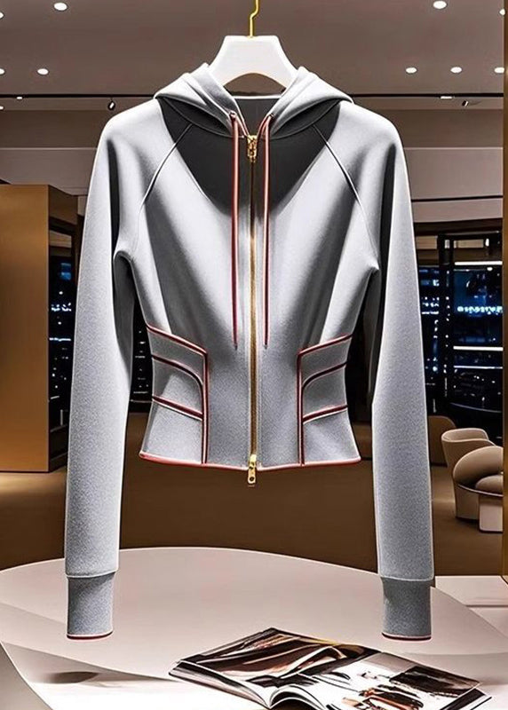 Slim Fit Grey Hooded Zippered Cotton Coat Fall