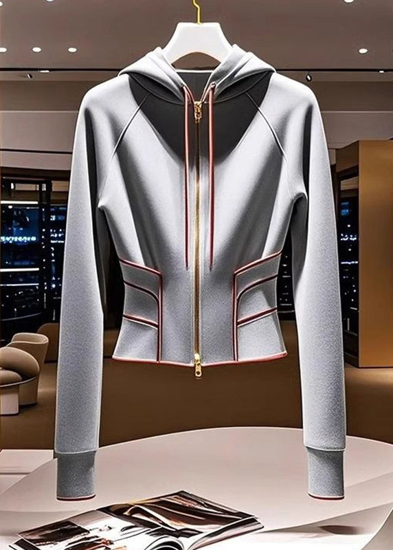 Slim Fit Grey Hooded Zippered Cotton Coat Fall