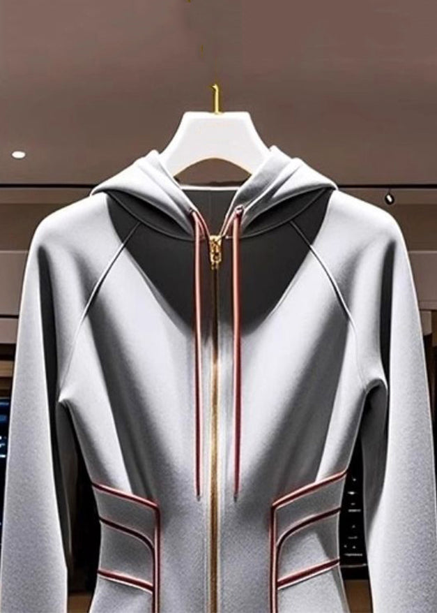 Slim Fit Grey Hooded Zippered Cotton Coat Fall