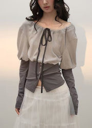 Slim Fit Grey Lace Up Patchwork Cotton T Shirts Fall