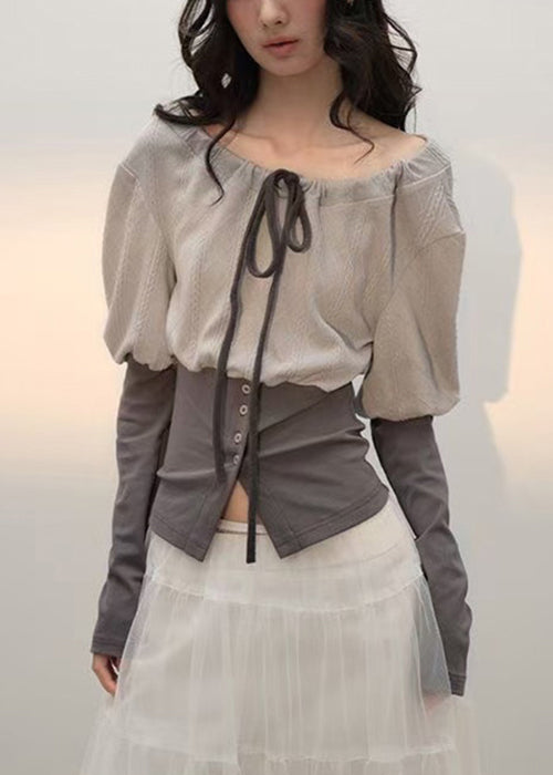 Slim Fit Grey Lace Up Patchwork Cotton T Shirts Fall