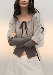 Slim Fit Grey Lace Up Patchwork Cotton T Shirts Fall