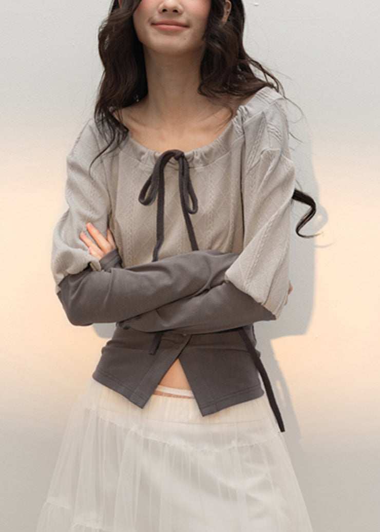 Slim Fit Grey Lace Up Patchwork Cotton T Shirts Fall