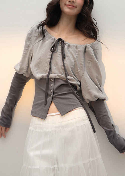 Slim Fit Grey Lace Up Patchwork Cotton T Shirts Fall