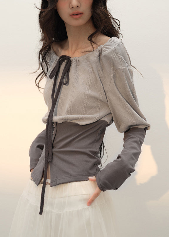 Slim Fit Grey Lace Up Patchwork Cotton T Shirts Fall