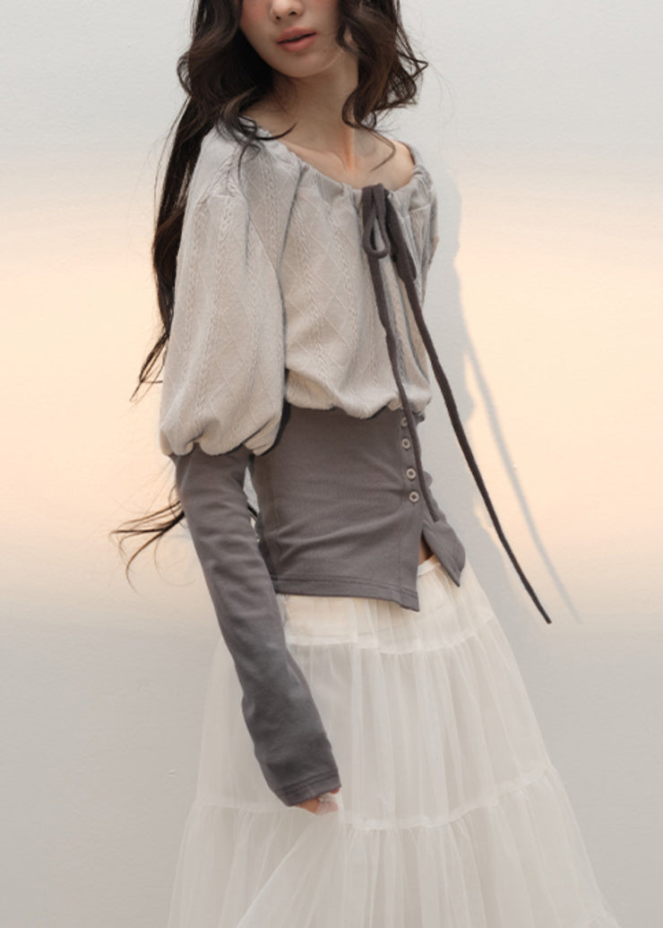 Slim Fit Grey Lace Up Patchwork Cotton T Shirts Fall