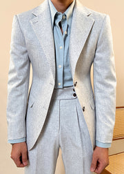 Slim Fit Grey Notched Button Pockets Cotton Mens Two Pieces Set Fall