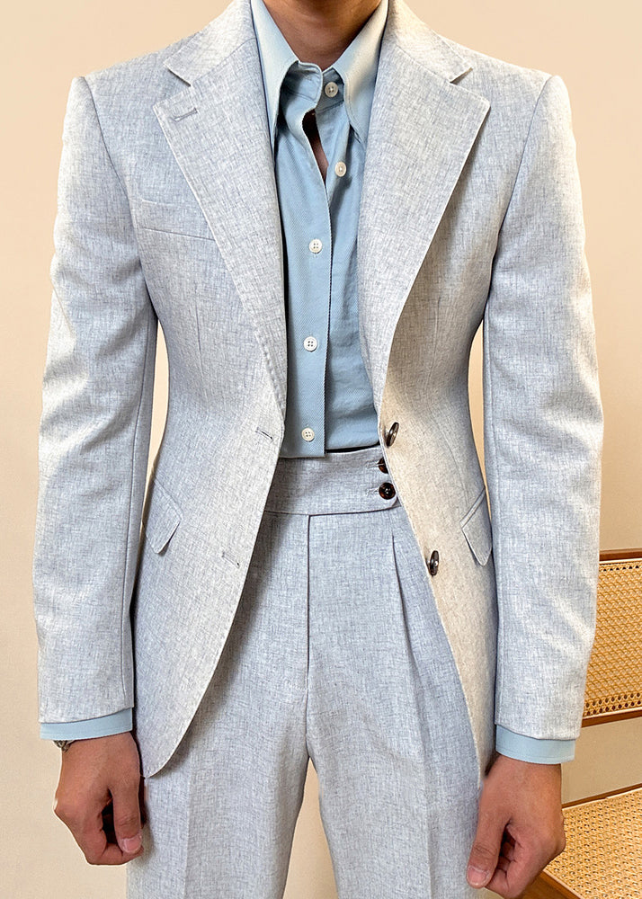 Slim Fit Grey Notched Button Pockets Cotton Mens Two Pieces Set Fall