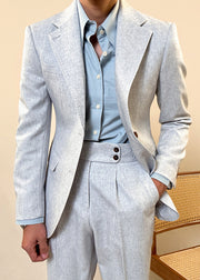 Slim Fit Grey Notched Button Pockets Cotton Mens Two Pieces Set Fall