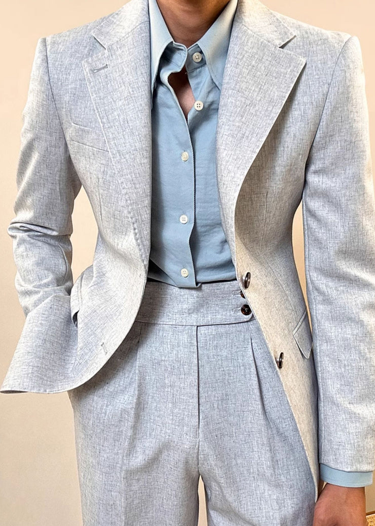 Slim Fit Grey Notched Button Pockets Cotton Mens Two Pieces Set Fall