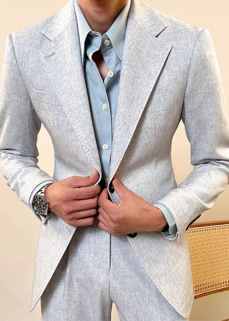 Slim Fit Grey Notched Button Pockets Cotton Mens Two Pieces Set Fall