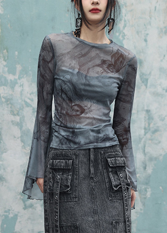 Slim Fit Grey O-Neck Print Tulle Tops Flare Sleeve