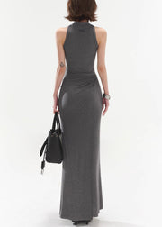 Slim Fit Grey Original Design Tie Waist Cotton Long Dresses Sleeveless