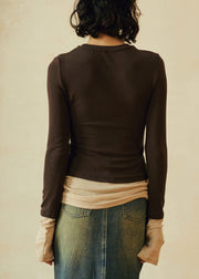 Slim Fit Grey Pink O Neck Patchwork Cotton Top Fall