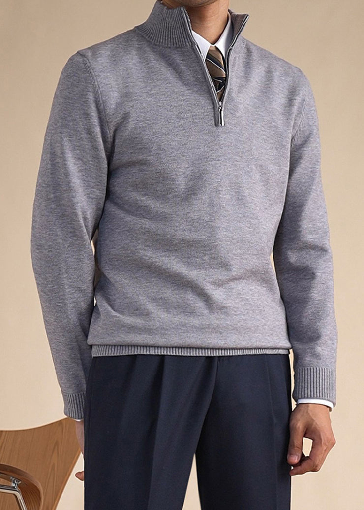 Slim Fit Grey Stand Collar Zip Up Knit Men Sweaters Winter