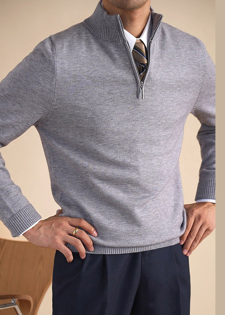Slim Fit Grey Stand Collar Zip Up Knit Men Sweaters Winter