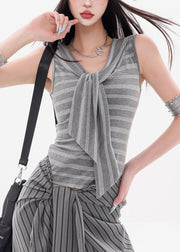 Slim Fit Grey Striped Lace Up Cotton Tank Sleeveless
