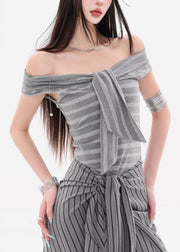 Slim Fit Grey Striped Lace Up Cotton Tank Sleeveless