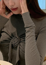 Slim Fit Grey Turtleneck Floral Cotton T Shirts Winter