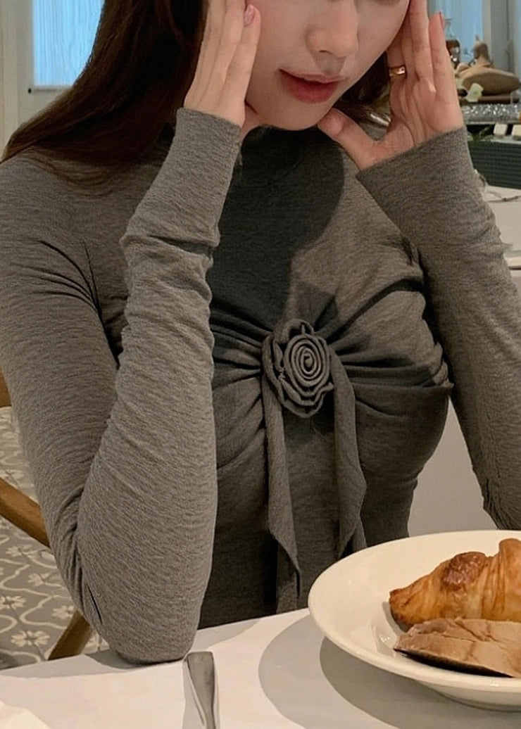 Slim Fit Grey Turtleneck Floral Cotton T Shirts Winter