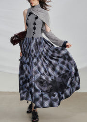 Slim Fit Grey Turtleneck Plaid Patchwork Cotton Two Pieces Set Sleeveless