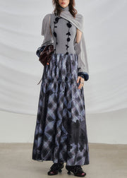 Slim Fit Grey Turtleneck Plaid Patchwork Cotton Two Pieces Set Sleeveless