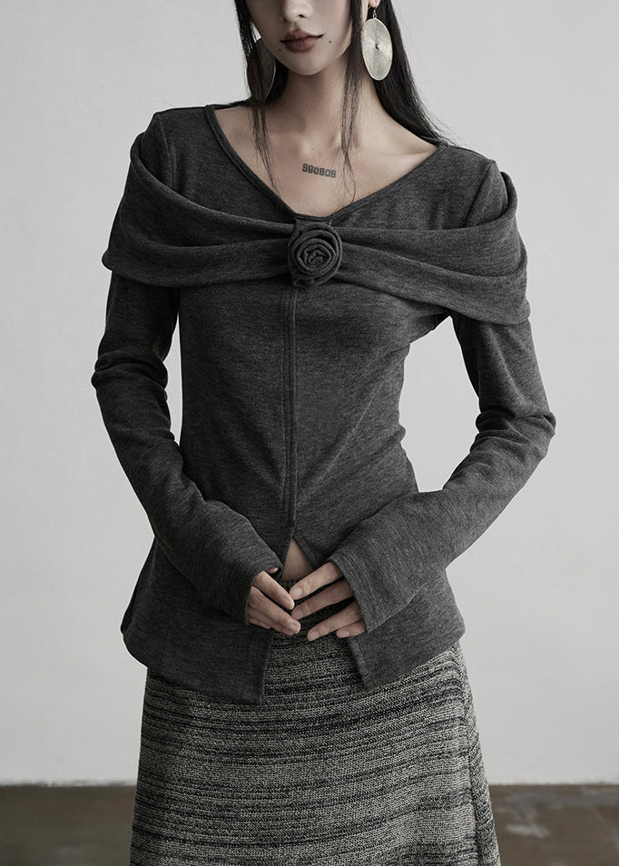 Slim Fit Grey V Neck Floral Cotton T Shirts Tops Fall