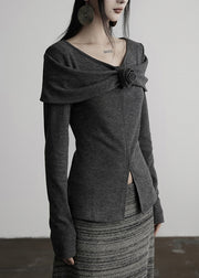 Slim Fit Grey V Neck Floral Cotton T Shirts Tops Fall