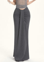 Slim Fit Grey Wrinkled High Waist Cotton Skirt Summer