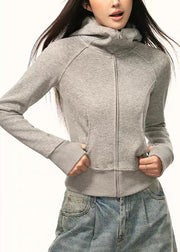 Slim Fit Grey Zip Up Pockets Cotton Hooded Coat Fall