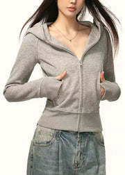 Slim Fit Grey Zip Up Pockets Cotton Hooded Coat Fall