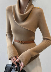 Slim Fit Khaki Draped Neckline Cotton Knit Sweater Fall