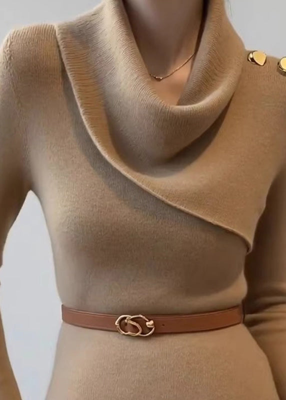 Slim Fit Khaki Draped Neckline Cotton Knit Sweater Fall