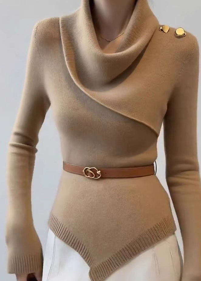 Slim Fit Khaki Draped Neckline Cotton Knit Sweater Fall
