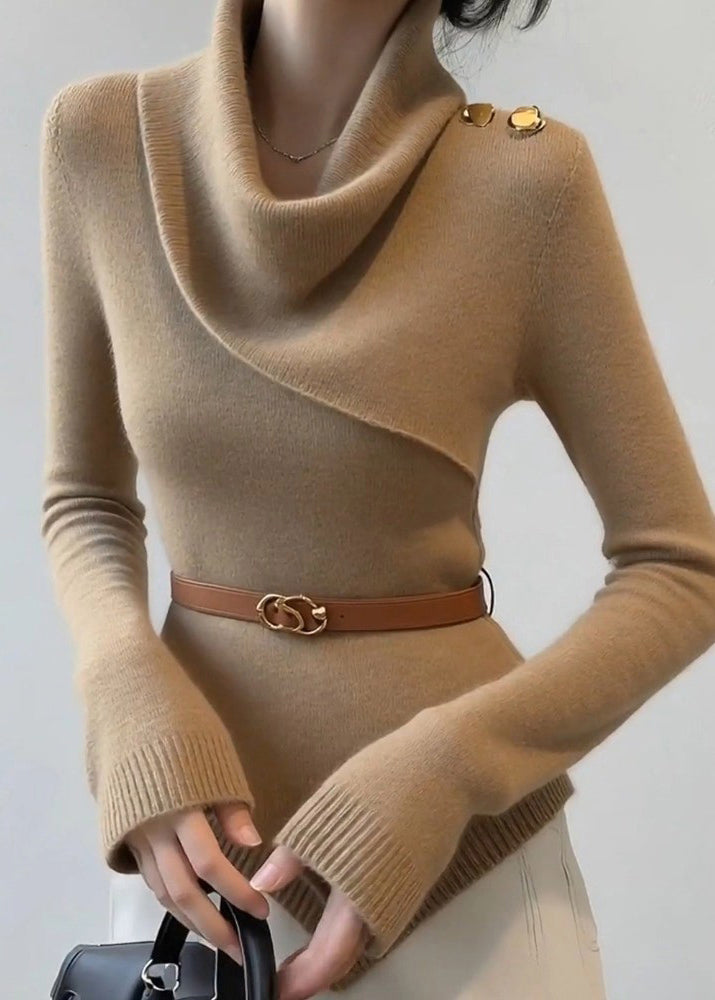 Slim Fit Khaki Draped Neckline Cotton Knit Sweater Fall