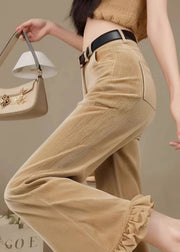 Slim Fit Khaki Ruffled High Waist Corduroy Flared Trousers Fall