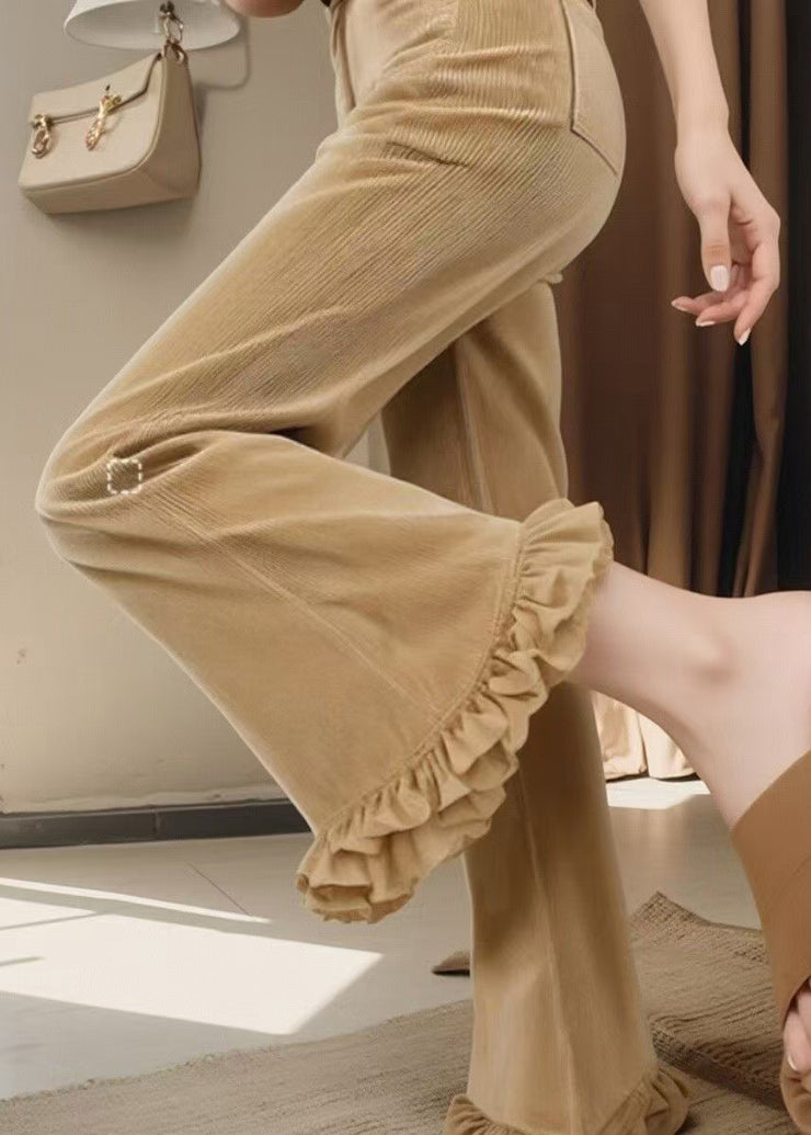 Slim Fit Khaki Ruffled High Waist Corduroy Flared Trousers Fall