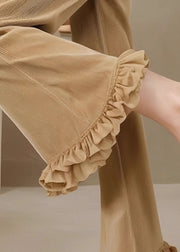 Slim Fit Khaki Ruffled High Waist Corduroy Flared Trousers Fall
