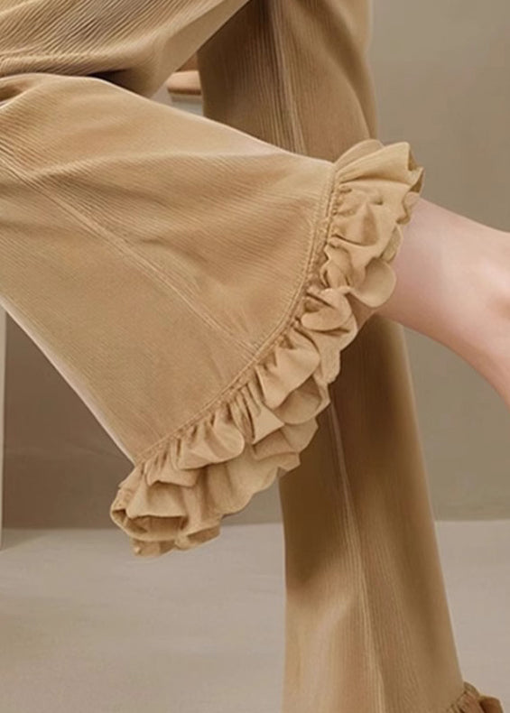 Slim Fit Khaki Ruffled High Waist Corduroy Flared Trousers Fall