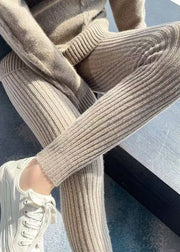 Slim Fit Khaki Striped Elastic Waist Solid Woolen Crop Pants