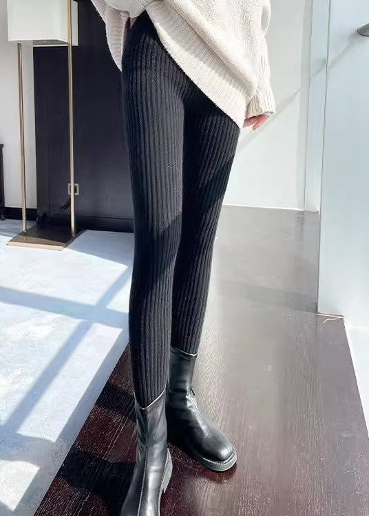 Slim Fit Khaki Striped Elastic Waist Solid Woolen Crop Pants