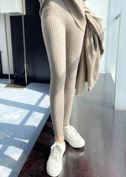 Slim Fit Khaki Striped Elastic Waist Solid Woolen Crop Pants